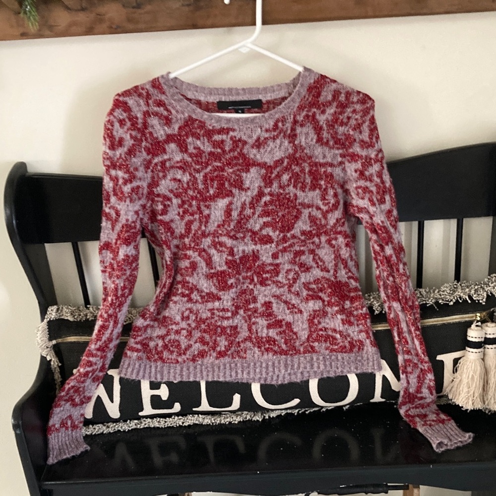 White House Black Market Red and Light Gray Patterned Crewneck Sweater